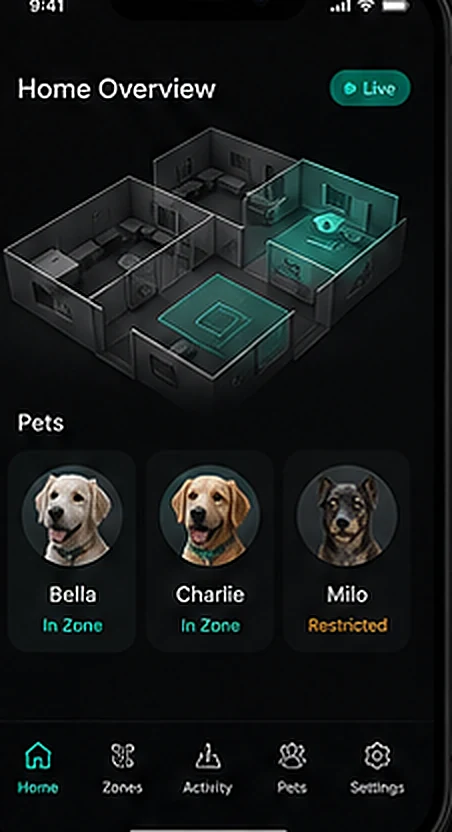 Zyraen app home overview showing a live floor plan with pet locations and per-room zones