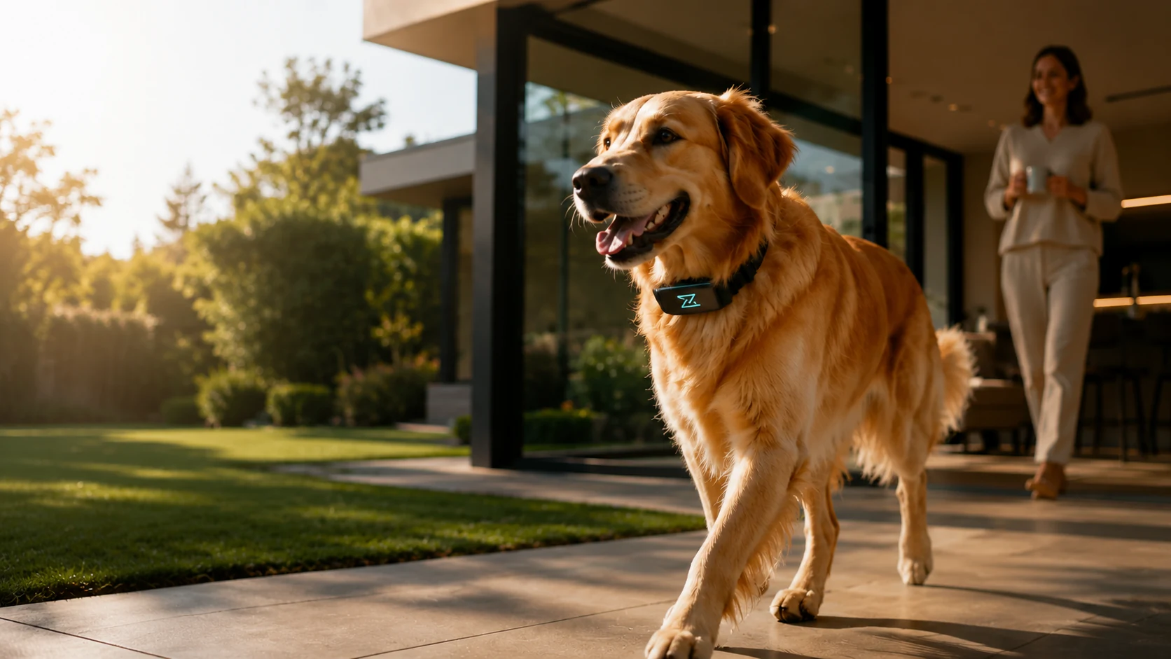 A golden retriever wearing the Zyraen smart collar, walking on a sunlit patio with the owner visible in the background