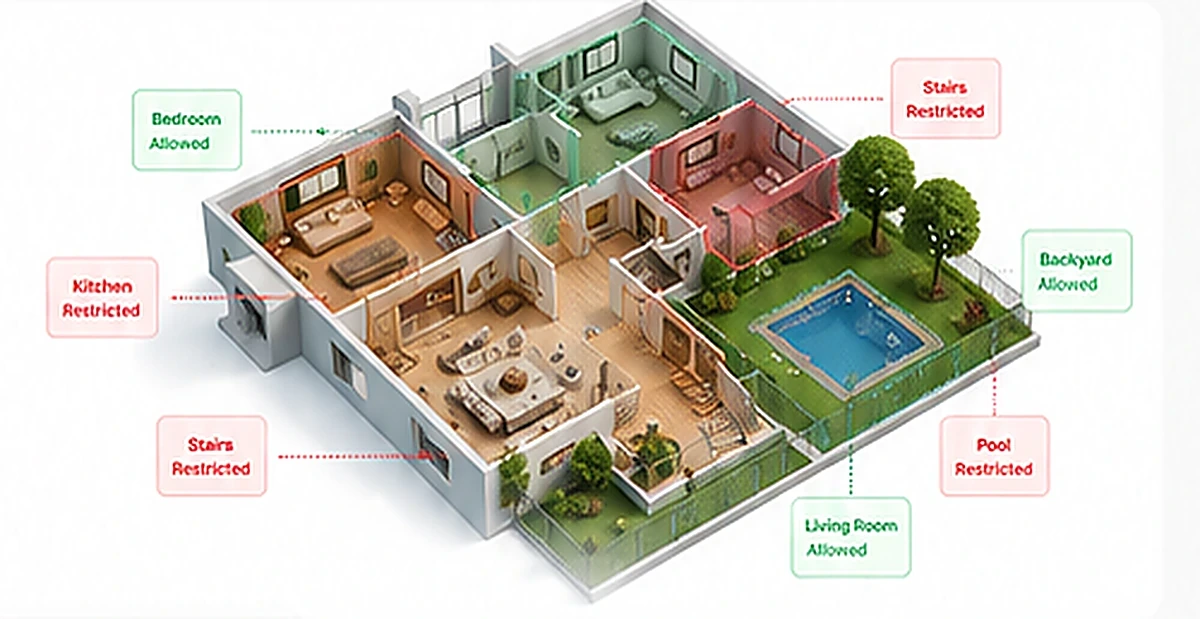 3D model of a home showing Zyraen zones — bedroom allowed, kitchen restricted, stairs restricted, backyard allowed, pool restricted, living room allowed