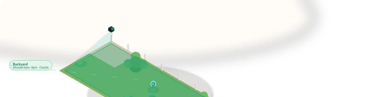 Illustration of the backyard showing a Zyraen camera watching its zone and tracking a pet