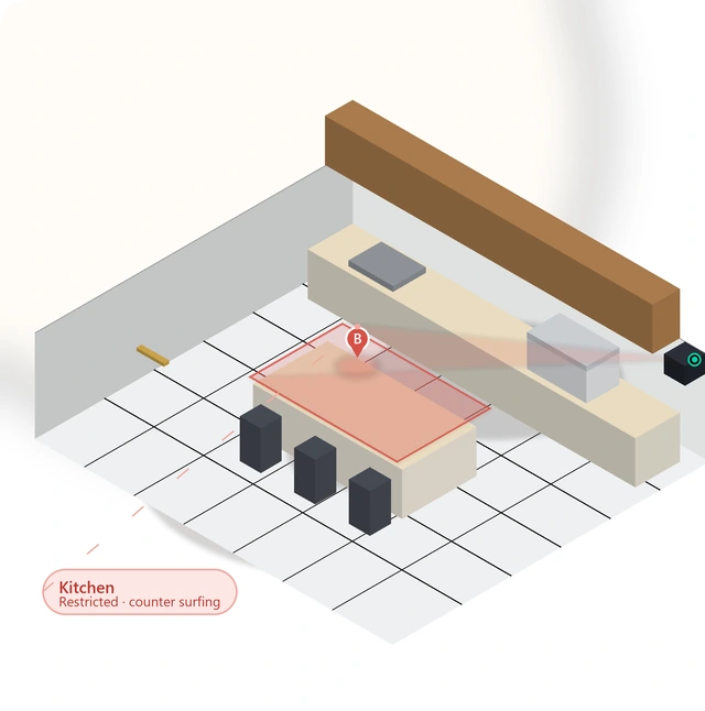 Illustration of the kitchen showing a Zyraen camera watching its zone and tracking a pet