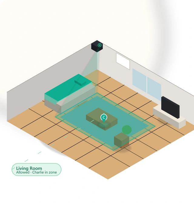 Illustration of the living room showing a Zyraen camera watching its zone and tracking a pet